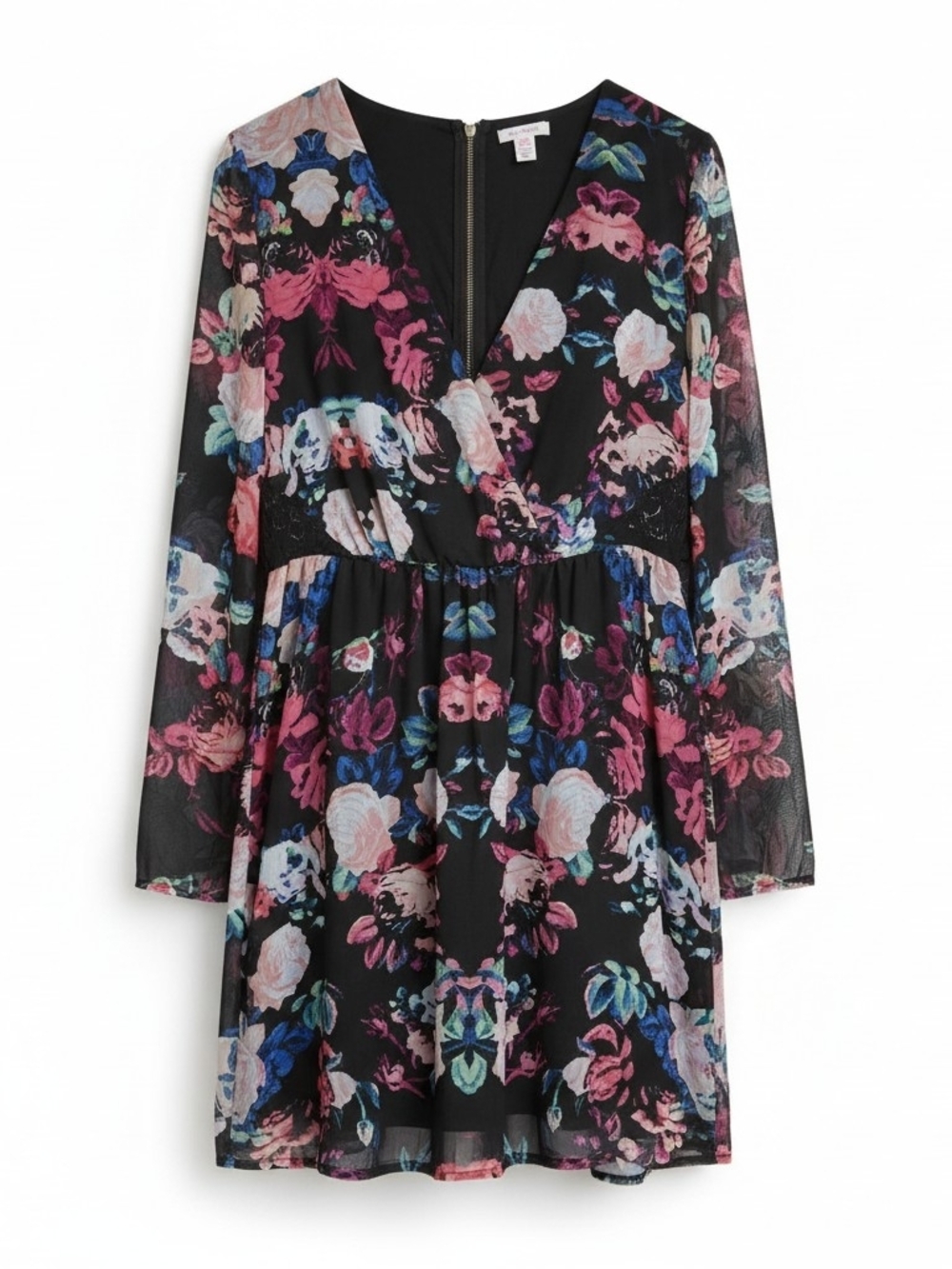 Xhilaration Floral V-Neck Sheer Sleeve Mini Dress